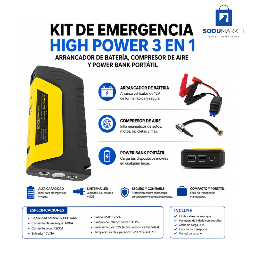 KIT DE EMERGENCIA HIGH POWER 3 EN 1 | ARRANCADOR DE BATERÍA, COMPRESOR DE AIRE Y POWER BANK PORTÁTIL